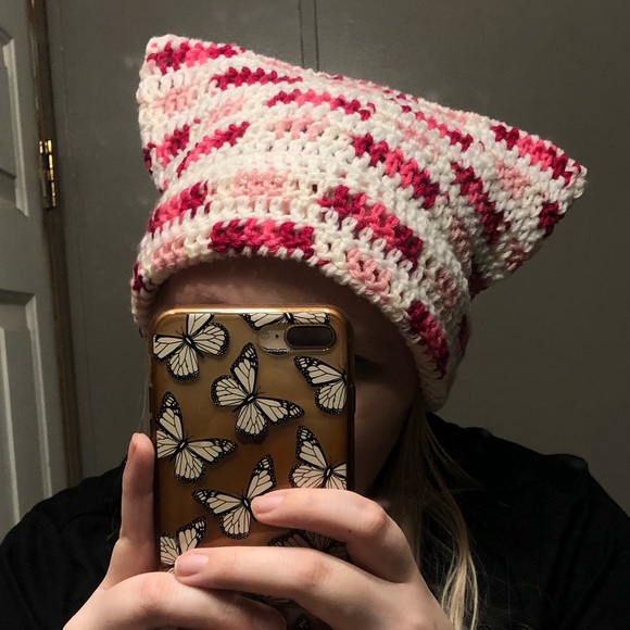 Pink Multi and White Crochet Cat Ear Beanie - Picture 2 of 4